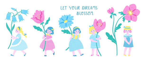 一组五个可爱的女孩拿着大春天的花。图片下载