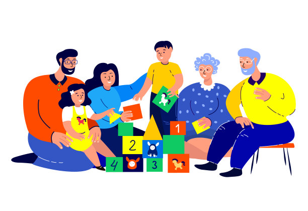 快乐微笑的大家庭玩方块砖游戏。年轻的女人,男人。父母，母亲，父亲，领养老金的老人祖父母，祖母，祖父，女儿，儿子。孩子们玩得开心。平面向量插图图片下载