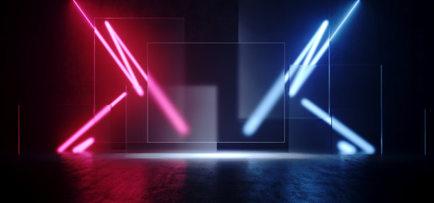 科幻未来网络霓虹雷电线发光蓝紫红激光在磨砂玻璃面板在黑暗垃圾水泥混凝土地下隧道走廊工作室机库3D渲染图片下载