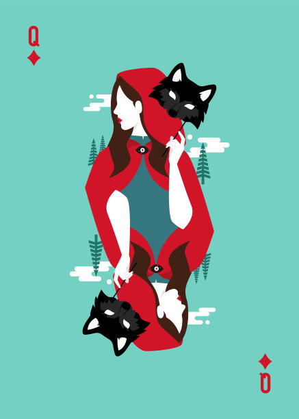 方块皇后扑克牌，小红帽。图片下载