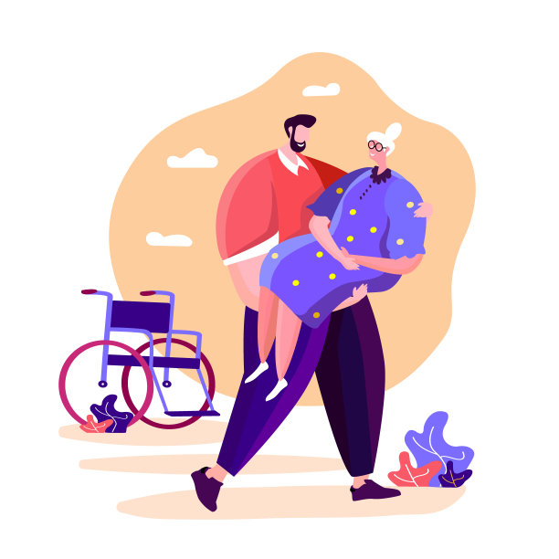 慈祥的儿子抱着残疾的老母亲从轮椅上下来。家庭支持概念说明图片下载