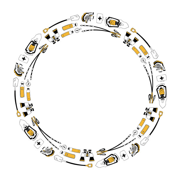 向量模板。现代化的环行架设计，适合徒步旅行。与露营设备的模式。急救箱，防风灯，铲子，登山杖，靴子，指南针。白色空的地方为您的文本图片下载