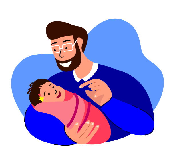 微笑快乐的家庭。爱的人说话，Dandling，玩新生婴儿照顾，护理在手中。父权的父亲摇篮曲。爸爸,快乐的孩子。父亲的支持。出生的孩子。平面向量插图素材图片