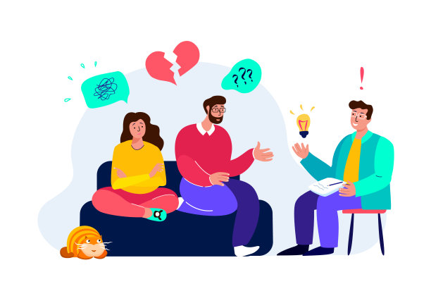 心理治疗实践中,精神病医生咨询。一对忧心忡忡的夫妇，男人和女人在心理咨询会上。困难的关系。家庭危机的治疗。心理学矢量图图片下载