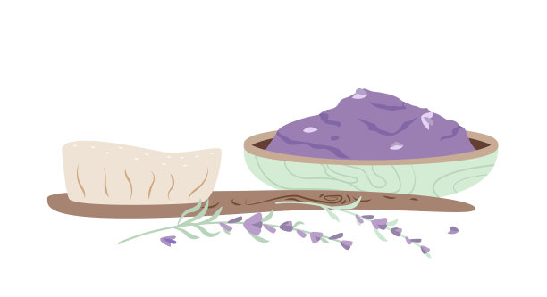 盛满薰衣草香薰浴盐。有机水晶粉，水疗美容用。用于身体磨砂的毛巾刷。彩色平面矢量插图孤立在白色背景上图片下载
