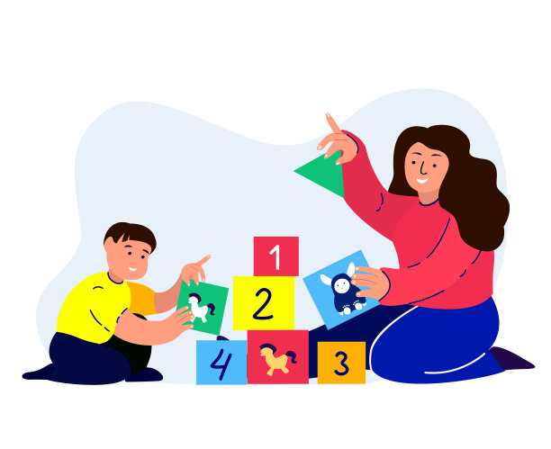 快乐微笑的家庭玩方块砖游戏。年轻人的父母。妈妈，妈妈和婴儿沟通。女孩，孩子和有爱心的保姆。玩在一起。平面向量插图图片下载