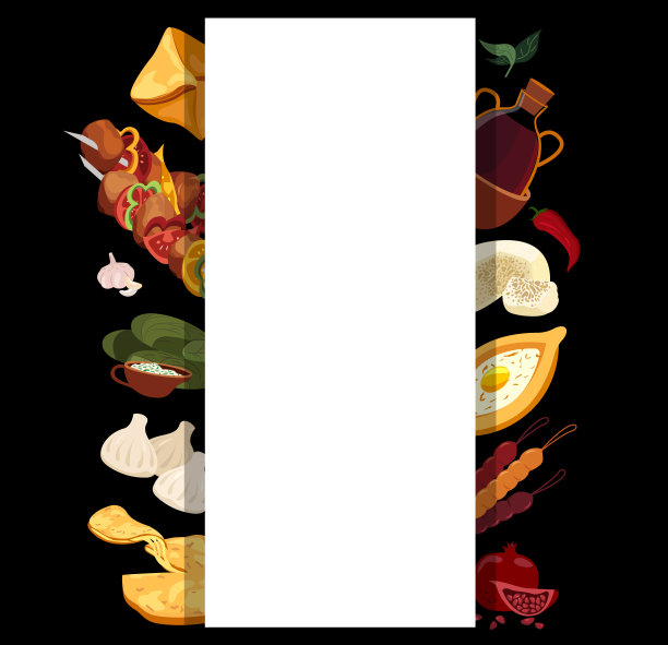 格鲁吉亚烹饪旗帜菜单。亚洲传统食物单张。不同的菜肴大报海报。Adjarian khachapuri khinkali,烤羊肉串,玛菜肴。平面矢量插图孤立在黑色背景上图片下载