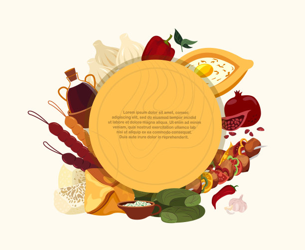 格鲁吉亚烹饪旗帜菜单。亚洲的传统食品。不同的菜肴大报海报。Adjarian khachapuri khinkali,烤羊肉串,饺子,玛菜肴。平面矢量插图孤立在白色背景上图片下载