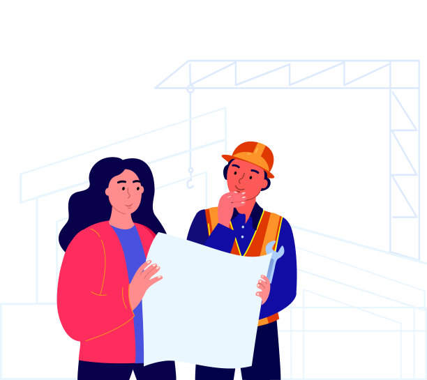 检查员，工地上戴安全帽的工头。监理经理控制施工过程。工头讨论建筑项目。女士展示房地产设计布局图。矢量图图片下载