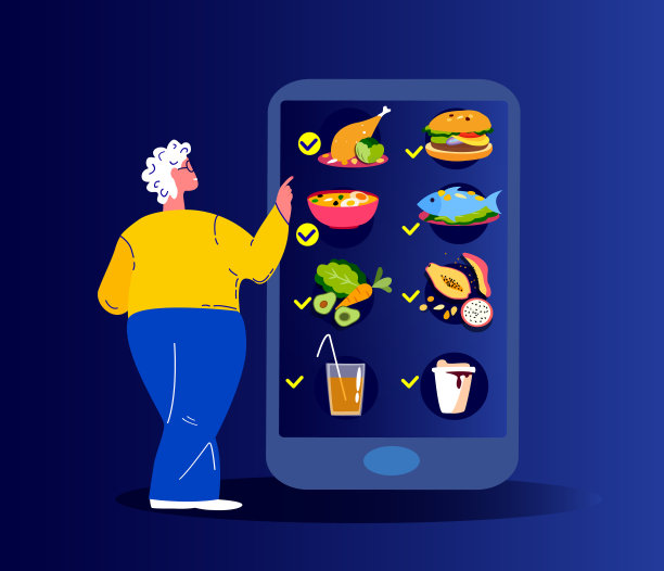 退休妇女在网上订购食物。智能手机应用餐厅菜单。餐饮服务。在家买餐，送货上门，检疫隔离。数字技术。平面向量插图图片下载