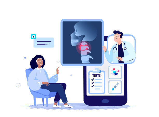 在线创伤医师骨科医生咨询女性患者。颈关节疼痛，颈椎病关节炎炎症，骨关节炎诊断。互联网的治疗。数字医疗医院。插图图片下载