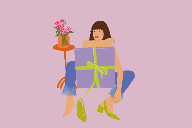 时尚的女人轻松地坐着，背景是一个大礼品盒图片下载