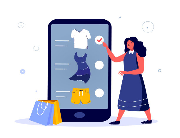 在线购物。成年年轻女性订购和购买衣服，在网上穿着。新衣柜。消费。智能手机。数码互联网市场商店。客户消费者购买纺织品。平面向量插图图片下载