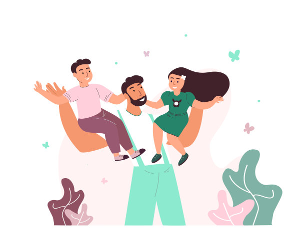 父亲节贺卡。爸爸抱着他的孩子，儿子和女儿玩耍。明亮的平面风格的图片为贺卡，海报。平面矢量插图孤立在白色背景上图片下载