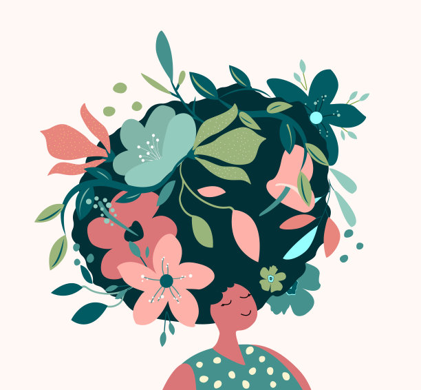 头发上插着花的梦中美人。放松冥想。精神分析医疗保健。国际妇女节。向量模板与可爱的女人，花卡片，海报，传单。平面插图图片下载