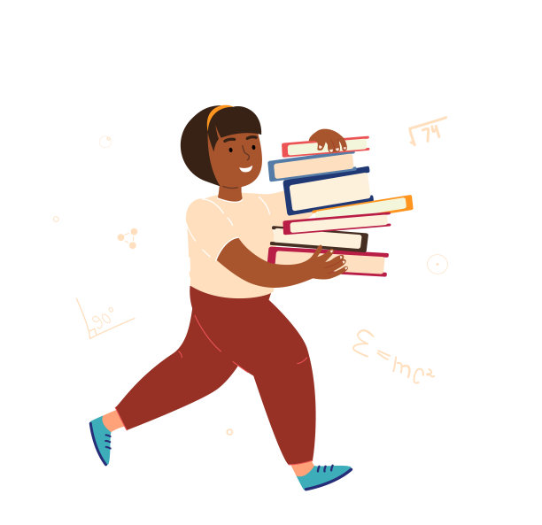 十几岁的黑皮肤女孩去上学。小学生拿着一堆书。学生走路和携带学生的书。第一天学习的场景。平面矢量卡通插图孤立在白色背景图片下载