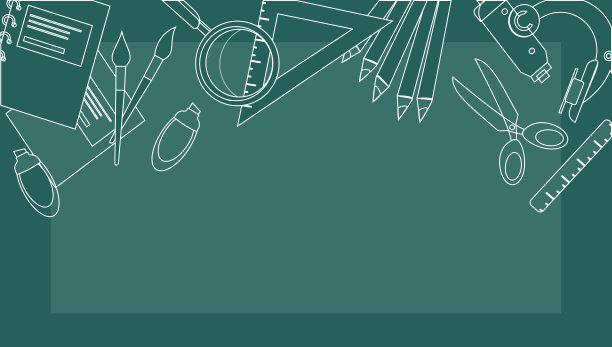 班纳回到学校。水平海报与学校用品配件元素。Handdrawn大纲。办公室教育文具工具，放置在绿色背景的文字。推广模板。插图图片下载