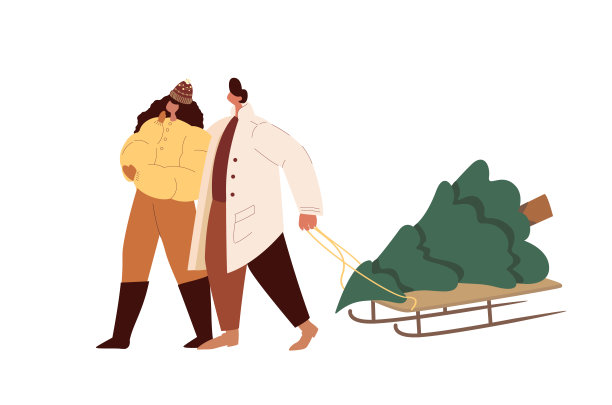 圣诞节快乐快乐的人们用雪橇扛着圣诞树。年轻的男人和女人拥抱和准备冬季假期在新年前夕。平面图形矢量插图孤立在白色背景上图片下载