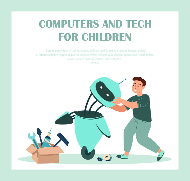 使用不同的工具创建人工智能机器人，呈现类人机器人。幼儿活动，教育，创新理念。学校机器人项目。卡通平面矢量插图图片下载