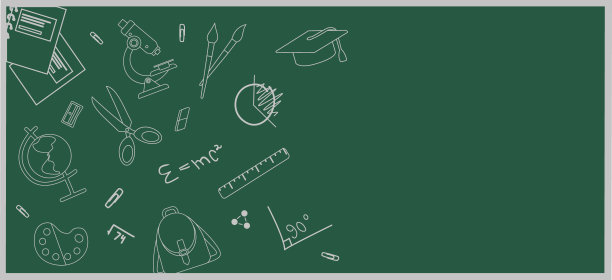 班纳回到学校。水平海报与学校用品配件元素。Handdrawn大纲。办公室教育文具工具，放置在绿色背景的文字。推广模板。插图图片下载