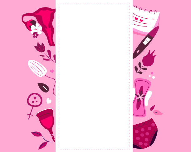 月经构成海报。女性经期、经血、子宫、子宫、卵巢、排卵期、验孕棒、内裤、卫生巾、卫生棉条、可重复使用杯、鲜花。粉色平面矢量图图片下载