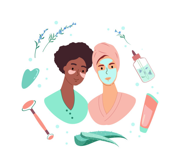 非裔美国黑皮肤，两个脸上戴着泥面膜和眼罩的女人。水疗皮肤护理治疗。脸部按摩器和刮胡刀。平面向量插图在白色背景图片下载