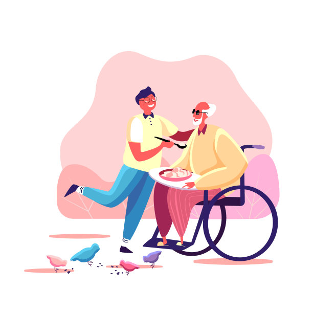 慈爱的孙子喂着轮椅上年迈残疾的爷爷，抱着他，支持着他图片下载