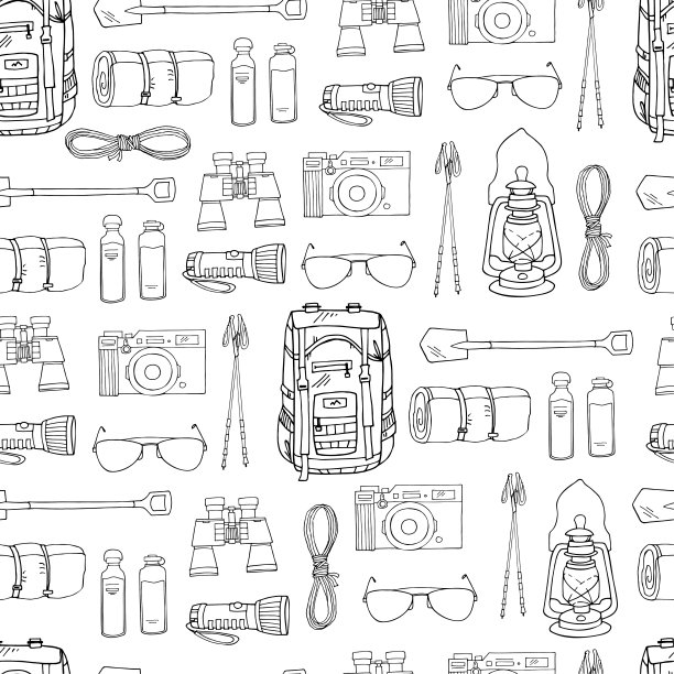 手绘矢量无缝模式与涂鸦对象孤立在白色。无尽的纹理。背包，滚筒式野营床，可重复使用的瓶子，手电筒，望远镜，相机，太阳镜，徒步棒。图片下载