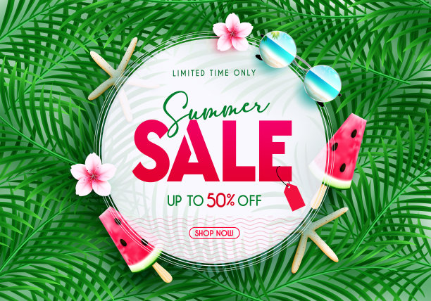 夏季销售矢量横幅设计。夏季促销文本在绿叶圈与限时价格折扣优惠，提供高达50%的商务旅行和购物促销广告。图片下载