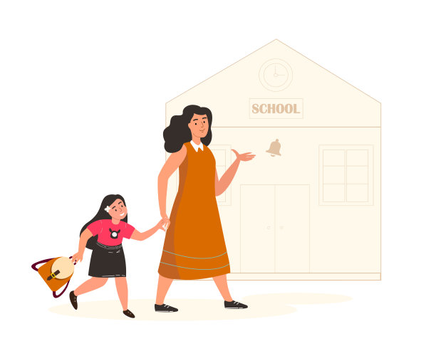 回到学校。母女俩迎来了开学的第一天。父母支持孩子。明亮的家庭平面矢量插图孤立，白色背景图片下载