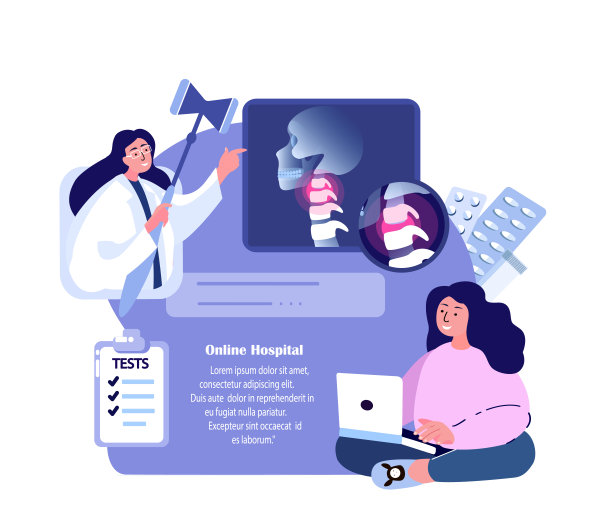 在线创伤医师骨科医生咨询女性患者。颈关节疼痛，颈椎病关节炎炎症，骨关节炎诊断。互联网的治疗。数字医疗医院。插图图片下载