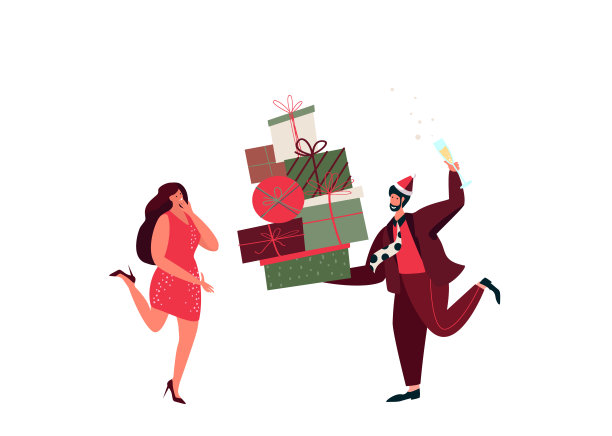 快乐的节日女人，男人朋友，爱的浪漫的夫妇给圣诞新年假期礼物。人们拿着圣诞老人的帽子。庆祝圣诞购物。购买平面矢量图图片下载