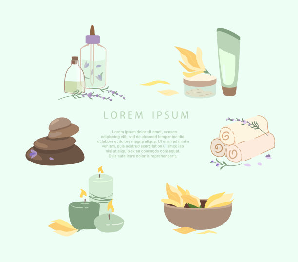 水疗健康沙龙套装。Rrelax的身体，皮肤和面部护理工具。治疗的概念。护肤健康、幸福、美丽。按摩热石头，面霜和血清药水。平面矢量图孤立图片下载