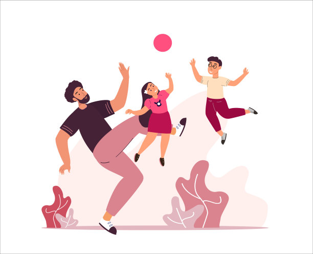 父亲节贺卡。快乐的爸爸爸爸和他的孩子们踢足球，男孩和女孩。为博客和社交媒体，贺卡，印刷品，海报的明亮的平面风格图片。矢量平面插图图片下载