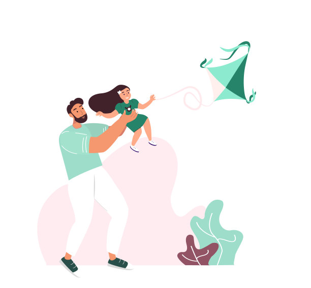 父亲节贺卡。快乐的爸爸爸爸和他的孩子放风筝。为博客和社交媒体，贺卡，印刷品，海报的明亮的平面风格图片。平面矢量孤立插图图片下载