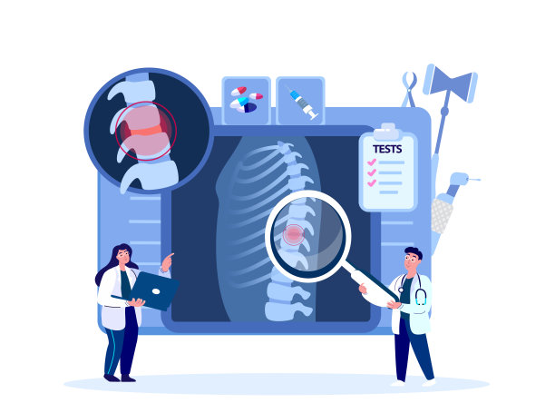 脊椎学家骨科科学家，创伤学家外科医生检查背部脊柱，椎间盘突出，骨软骨病疼痛。临床调查。医学委员会诊断、治疗。插图图片下载