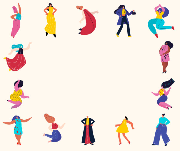 不同的女孩和妇女框架海报模板。女权主义的概念。明亮美丽快乐的女人一起跳舞。派对，庆祝。自由自信的女人。女性赋权。矢量平面插图图片下载