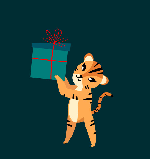 中国虎，新年快乐圣诞贺卡。可爱的卡通猫与礼品盒，礼物。中国2022年的象征。假期的动物。冬天的气氛。节日的设计。日历,贺卡,广告插图图片下载