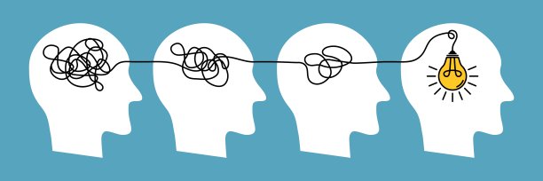 从复杂到简单的头脑。混乱的大脑。简单的解决方案。逐步解开的想法。发现想法的过程。从混乱的创意到清晰的想法。缠结的电线和灯泡。向量的概念图片下载