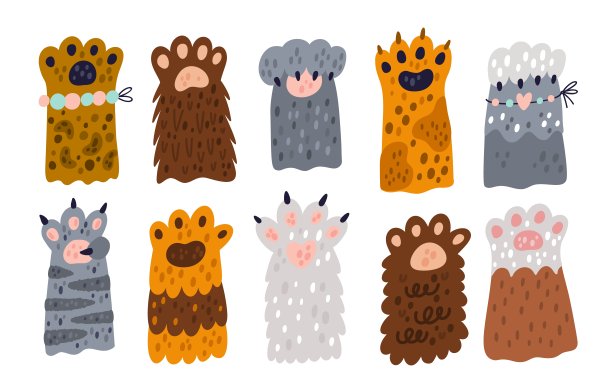 猫的爪子。可爱的小宠物图标。甜蜜的动物肢体。不同颜色和品种，斑点，条纹和毛茸茸的小猫的腿。长着爪子的毛茸茸的哺乳动物脚。矢量猫的四肢设置图片下载