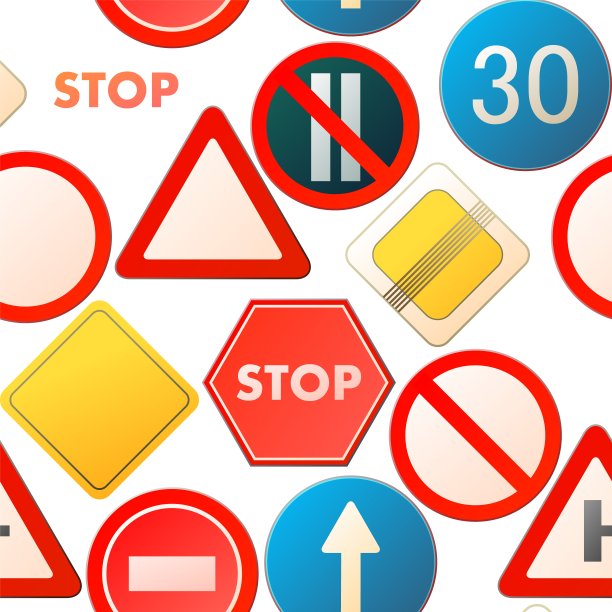 路标。孤立的白色背景。汽车交通无缝模式。指定和限制。从上面俯视。卡通搞笑风格。平面设计。说明向量图片下载