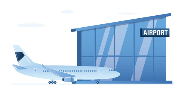 现代化的机场和飞机附近。飞机在跑道上。终端建设。设计在流行的蓝色。图片下载