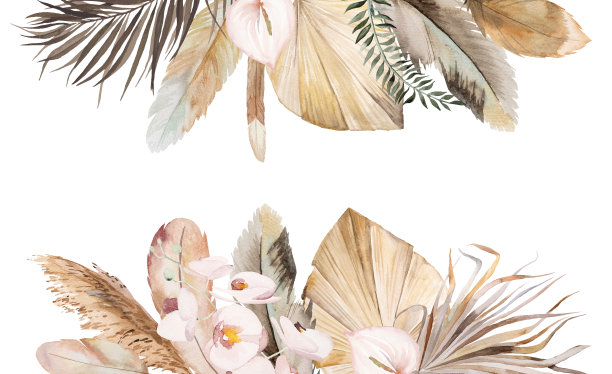 水彩波西米亚边界与羽毛，干燥的叶子和热带花卉插图图片下载