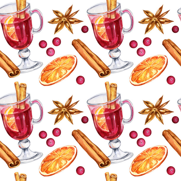 水彩无缝图案与一杯热葡萄酒和配料，手绘草图，在白色背景上的饮料插图图片下载