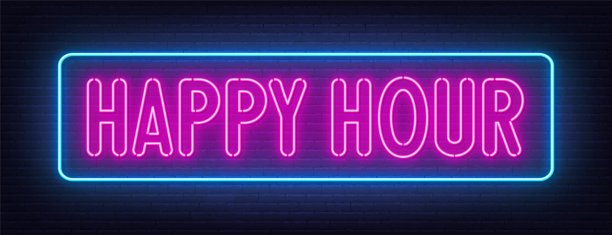 黑色背景上的欢乐时光霓虹灯。图片下载