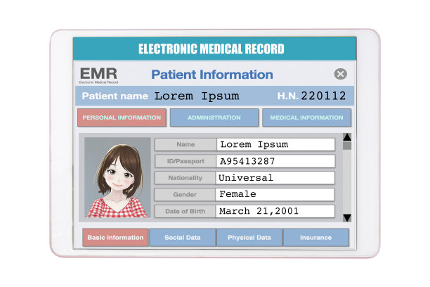 电子病历卡通形象在数码平板电脑上显示。图片下载