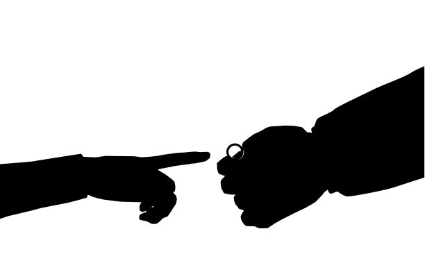 犹太婚礼-带着戒指的孩子。作为传统华盖仪式的一部分，新娘的食指要向新郎伸出。
黑色的矢量剪影。白色背景。孤立。图片下载