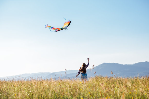 长头发的女孩在高高的草地上放着五颜六色的风筝。快乐童年时光或户外花的概念形象图片下载