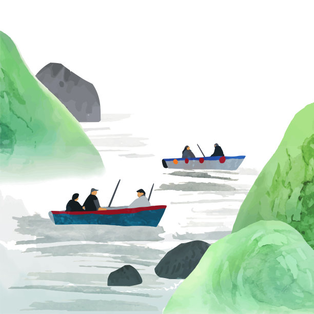 春天钓鱼。水彩矢量插图与渔民在船上，河和山。模板框架的邀请，海报，传单，横幅，卡片。文本的地方图片下载