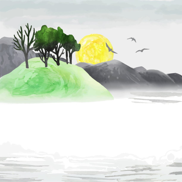 浪漫的水彩画的山脉与树木，河流，日出或日落。向量自然景观。手工绘制的模板与地方的文本或插图图片下载